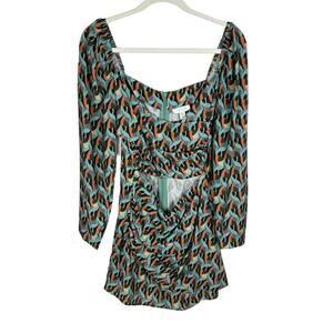Topshop Geo Print Cutout Detail Long Sleeve Dress in Teal Green Size 6 Retro 70s